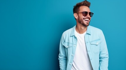 Fototapeta premium Portrait of a handsome, happy, stylish, and gay model. Man wearing jeans and a jacket. Fashionable man posing in sunglasses in front of a blue wall in a studio