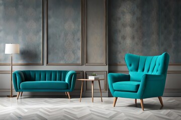 Modern aqua teal wingback armchair with pillow, wing armrests, wooden feet, and white backdrop,...