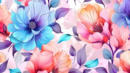 Flowered seamless pattern on a background of pink, blue, and orange. pink background with flowers. watercolor textured abstract art textile flower design in a vector illustration
