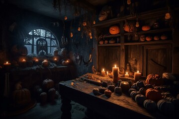 Dark wizard's chamber adorned with Halloween pumpkins and magic potions, illuminated by a moonlit night. Welcomes Halloween festivities. Generative AI