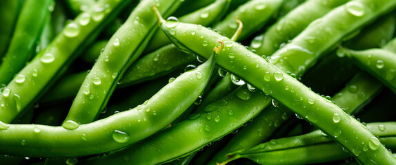 Fresh green beans vegetables, with water drops over it, closeup macro detail. Generative AI