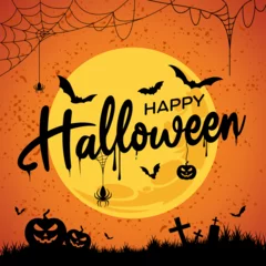  Happy Halloween social media post, happy Halloween printable banner or Halloween email signature with Halloween lettering, text, type, logo,  vector, background, orange for party invitation © Rajan