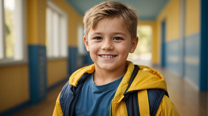 Close-up portrait of a boy with backpack, smiling and happy, against a school yellow blue background. Back to school concept generative ai