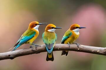 Obraz premium Three Chestnut-headed bee-eaters perch gracefully on a tacky wooden surface against a softly blurred backdrop. One of these elegant birds extends its wings, capturing the moment in exquisite high-defi