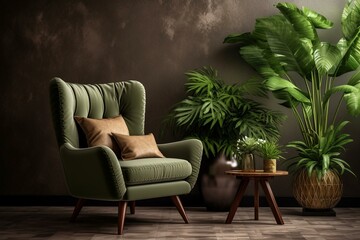 Interior with green armchair, plants, and decor. 3D rendered mockup. Generative AI