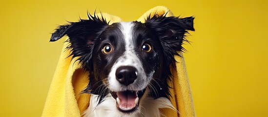 Groomed border collie in yellow towel after bath Pet wash - obrazy, fototapety, plakaty