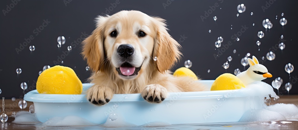 Poster Golden Retriever enjoys bath time with duckling and bubbles