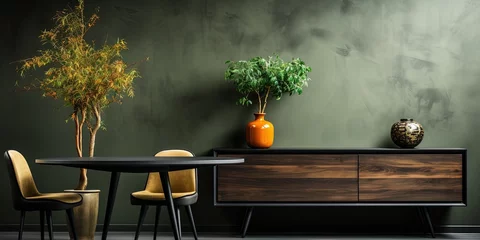  Creative composition of japandi dining room interior with black table, glass vase with green leaves, chair, stylish lamp, concrete wall and personal accessories. Home decor. © Coosh448