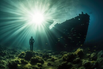 Wreck of the ship with scuba diver in the undersea background