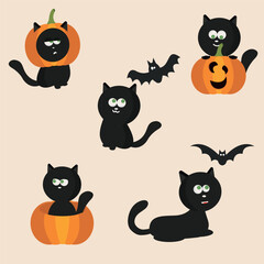 Set of cute cats with pumpkin and bat. Set of emotions. Halloween.