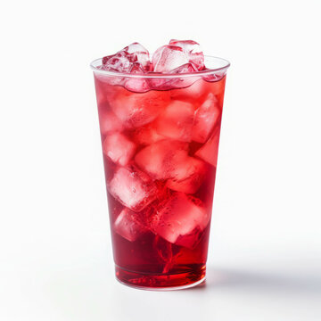 A glass cup, iced shaken sparkling hibiscus tea beverage on white background