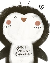 You are loved. cartoon penguin, hand drawing lettering. Colorful  illustration, flat style. design for greeting cards, print, poster