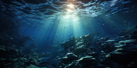 Fototapeta na wymiar Dark blue ocean surface seen from underwater. Illustration of sun light rays under water. The relief of the seabed through the water column.