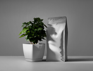 Mockup of white pouch for coffee beans with Arabica plant, blank doy pack for design, print, pattern, branding.
