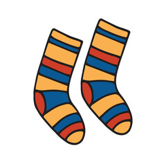 Bright striped socks isolated on a white background. Vector, hand drawing. Decorative element for winter and autumn illustrations.