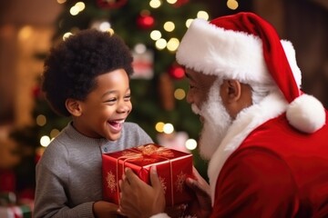 Fototapeta na wymiar African-American Santa Claus giving present to cute little boy