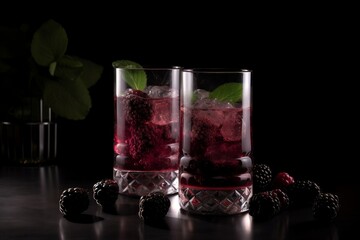 Bramble Blackberry Cocktail Served in bar. Dark background with copy space. Generative ai.