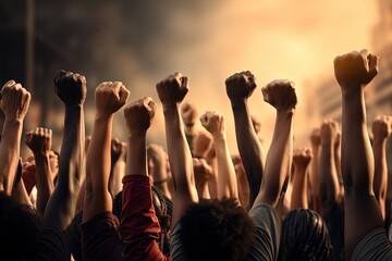 Arms raised in protest. Protestors fists raised up in the air. Many hands raised up in the air during a protest or demonstration. Photo on a blurred city background.