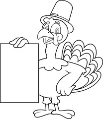 Outlined Cute Pilgrim Turkey Cartoon Character Holding A Blank Sign. Vector Hand Drawn Illustration Isolated On Transparent Background