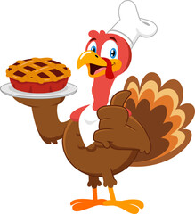 Cute Turkey Chef Cartoon Character Serving Perfect Pie And Giving The Thumbs Up. Vector Illustration Flat Design Isolated On Transparent Background