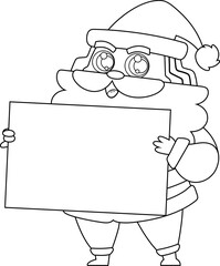 Outlined Santa Claus Cartoon Character Holding Up A Blank Sign. Vector Hand Drawn Illustration Isolated On Transparent Background