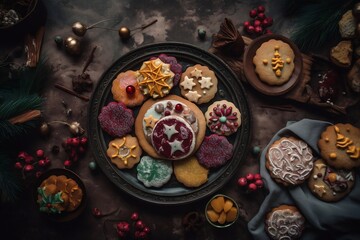 Top view of christmas colorful cookies in plate. Generative ai.