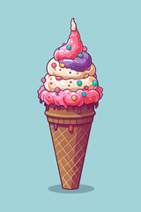 Colorful vector illustration of a cute delicious ice-cream cone isolated on blue. Sweet cartoon dessert for a fun birthday party