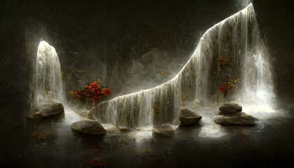 fractal stone stairway with a small waterfall fountain runing along it2 rose petals floating in waterfall 05 mystical fantasy atmospheredenoisefrontlit 8k  - obrazy, fototapety, plakaty