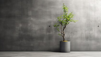 Background of an empty loft room with concrete wall, floor and large plant with copy space.