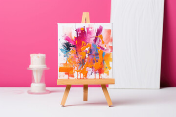 Small easel with a canvas showcasing. Abstract oil painting. Generative AI