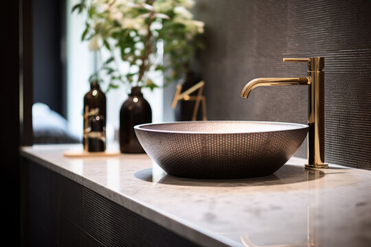 Bathroom In A Modern Luxury House. Bathroom Counter With Sink And Beautiful Flowers. AI Generated