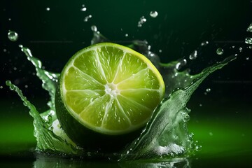 Water splashing on fresh green lemon, dark background, generative ai