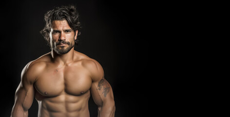 Fototapeta na wymiar Muscular man, MMA fighter, studio portrait on black background. Generative AI