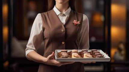 Foto op Plexiglas Waitress in uniform delivering tray with food in a room of hotel. Special service of VIP guests. © Oulaphone