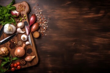 Kitchen board vegetables spices onion garlic, cooking set on wooden background, top view, generative ai - obrazy, fototapety, plakaty