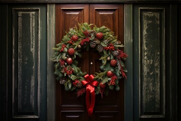 Old-fashioned holiday wreath hanging on a door. Generative AI