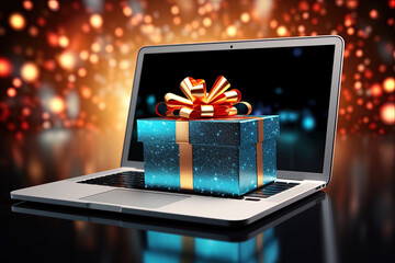 Digital gift surprise on Cyber ​​Monday, with floating items and gift boxes in contrasting colors