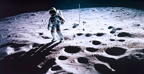 astronauta nella tuta spaziale che cammina sulla superficie di una luna, crateri e spazio scuro - obrazy, fototapety, plakaty