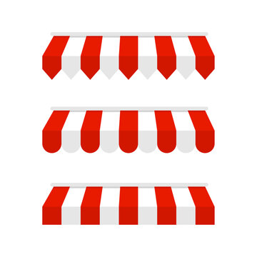 Striped red and white sunshade. Striped awnings vector. Canopy for restaurant, cafe, hotel, or store. Tent roof, template for design.