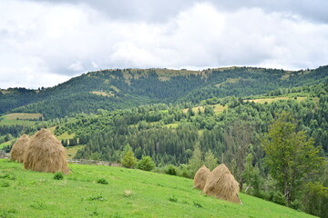 Mountain view with haystacks in summer time
