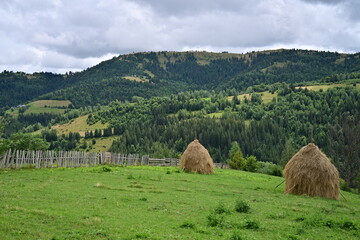 Mountain view with haystacks in summer time