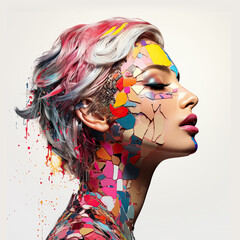 Pop collage Illustration of a beautiful female fashion model with colorful and vibrant patterns and...