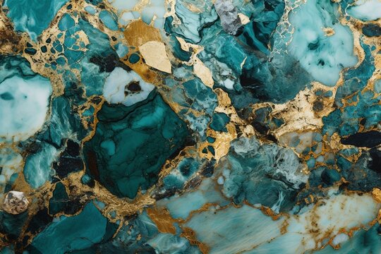 Closeup of teal, turquoise, gold, and white marbled stone slab. Wallpaper background. Generative AI