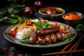 Namnueng vietnamese and thai dish with sausage. Food style photography. Menu, recipe banner with copy space. Generative AI.