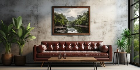 Frame gallery mockup in modern living room interior with leather sofa, minimalist industrial style