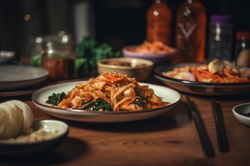 Plate of assorted korean kimchi, menu recipe, generative ai