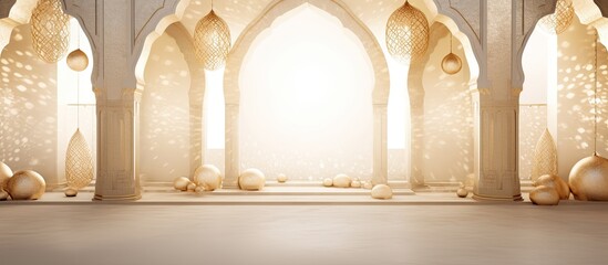 Luxurious Islamic arch with lanterns on an elegant white and golden background