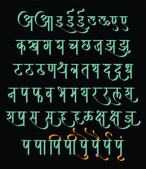 Handmade Devanagari thin Italic font for Indian languages Hindi, Sanskrit, and Marathi, alphabets.	