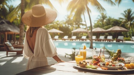 Healthy woman on swimming pool in luxurious tropical resort with have various food and drinks on table, Beach luxury lifestyle in summer vacation. - Powered by Adobe