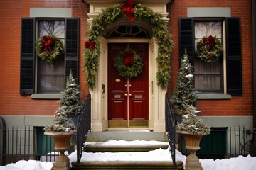 Fototapeta na wymiar Festive entryways adorned with wreaths, snow, and a captivating background. Artistic depiction of charming holiday front doors. Generative AI